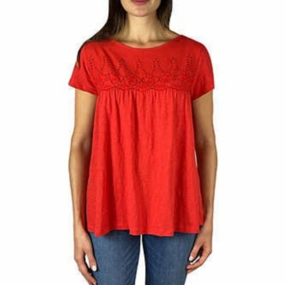 JACHS Girlfriend Women's Red/Orange Lace eyelet short-sleeve boxy fit top medium